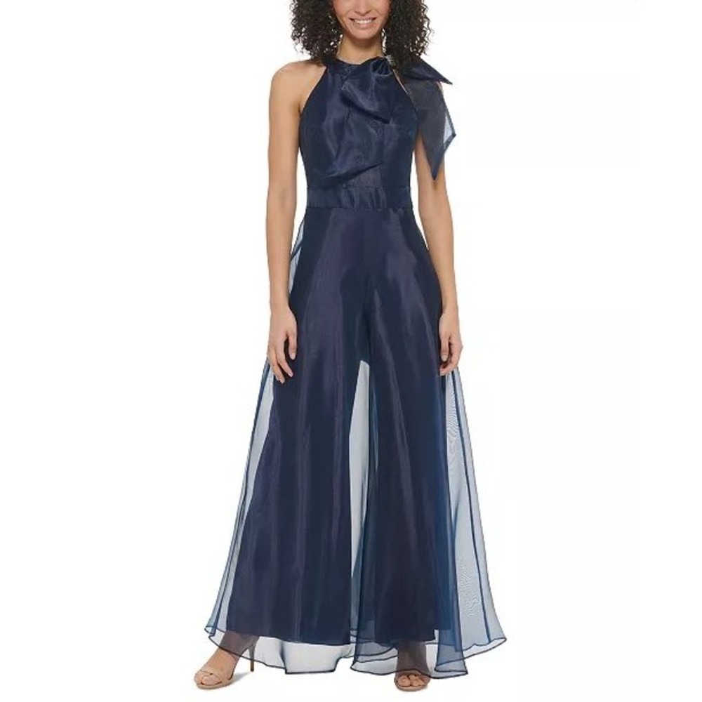 Eliza J Navy Blue Organza Halter Jumpsuit with Rhinestone Bow Detail Size 4